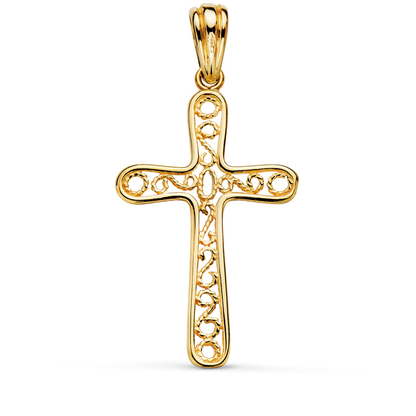 18K CRUZ ORO AMARILLO BORDE BRILLO Y FILIGRANA. MEDIDA: 37,5 X 22 MM