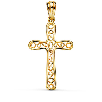 18K CRUZ ORO AMARILLO BORDE BRILLO Y FILIGRANA. MEDIDA: 37,5 X 22 MM