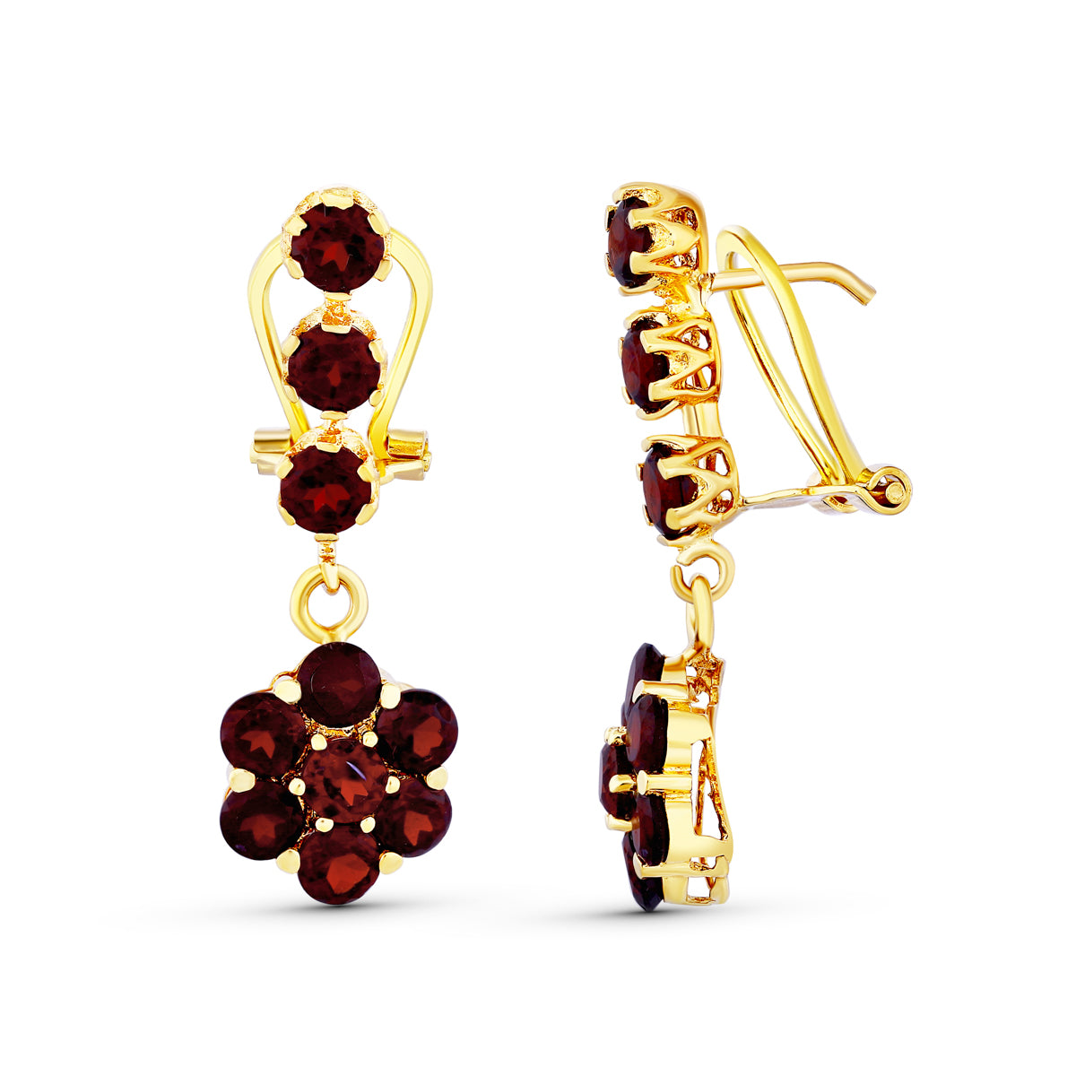 18K PENDIENTES ORO AMARILLO LARGOS GRANATES CIERRE OMEGA