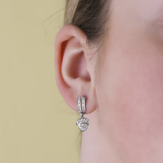 18K PENDIENTES ORO BLANCO JUEGO NOVIA DOS CUERPOS CIRCONITA 20X9 MM PRESION