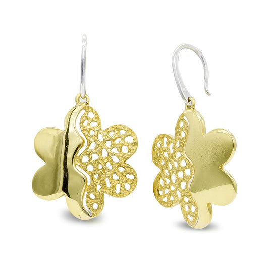 18K PENDIENTES ORO BICOLOR LARGOS FLOR CIERRE GANCHO