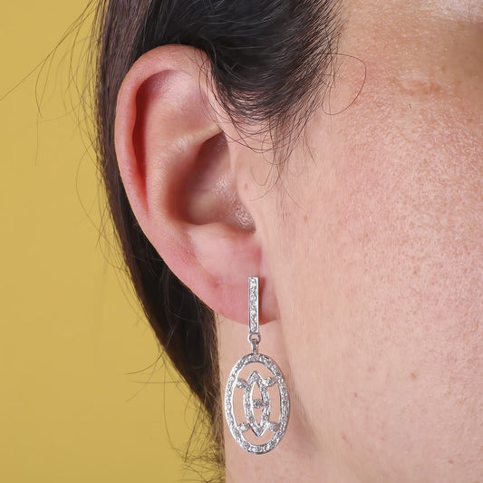 18K PENDIENTES DOS CUERPOS ORO BLANCO JUEGO NOVIA 38X14 MM PRESION