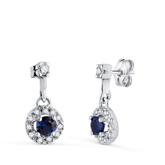 18K PENDIENTES ORO BLANCO DOS CUERPOS CON CIRCONITAS Y ZAFIRO. 14,5 X 7 MM. CIERRE PRESION