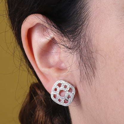 18K PENDIENTES ORO BLANCO JUEGO NOVIA 16X16 MM CIERRE OMEGA