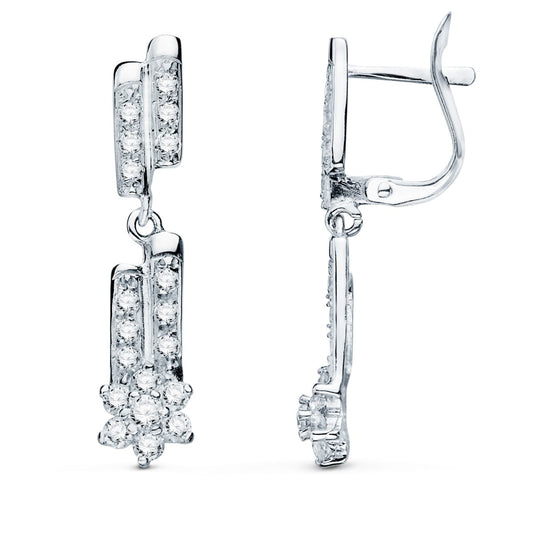 18K PENDIENTES ORO BLANCO LARGOS CUAJOS Y CIRCONITA 28X6 MM CIERRE CATALAN