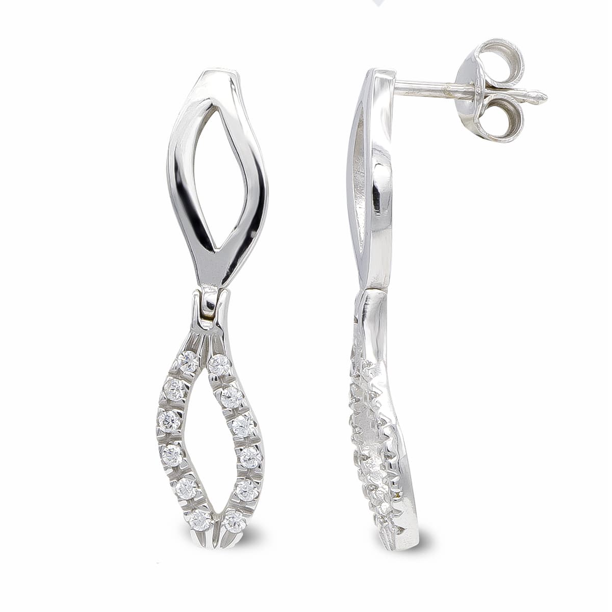 18K PENDIENTES ORO BLANCO LARGOS Y CIRCONITA CIERRE PRESION