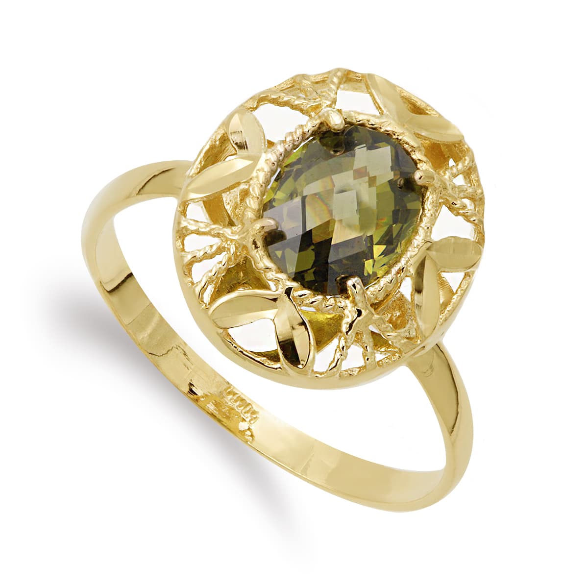 18K SORTIJA ORO AMARILLO CIRCONITA OVAL 8X6 MM HOJAS TALLADAS. ANCHO: 14,5 MM