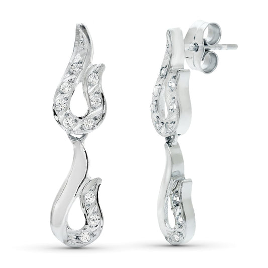 18K PENDIENTES ORO BLANCO JUEGO NOVIA DOBLE CUERPO CIRCONITA 26X7 MM PRESION