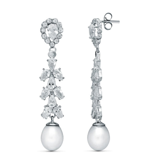 18K PENDIENTES NOVIA DOS CUERPOS PERLA CULTIVADA ORO BLANCO 47X8 MM PRESION
