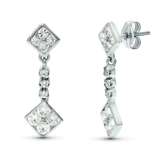 18K PENDIENTES ORO BLANCO DOBLE CUERPO JUEGO NOVIA CIRCONITA 23X8 MM PRESION