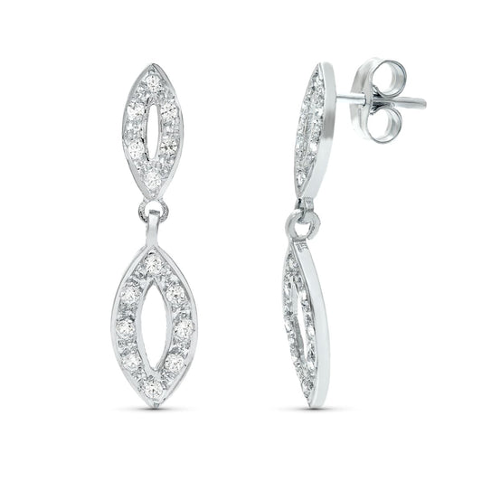 18K PENDIENTES DOS CUERPOS ORO BLANCO JUEGO NOVIA CIRCONITA 25X6 MM PRESION