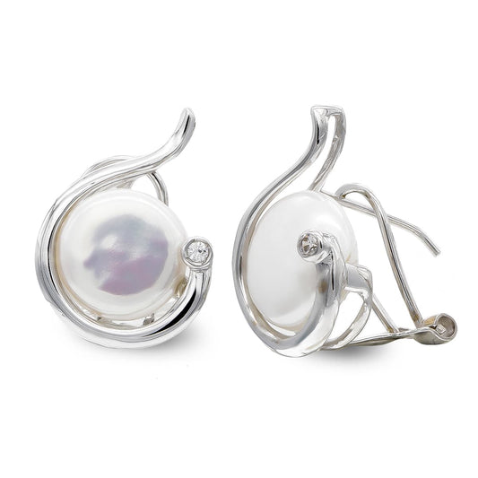 18K PENDIENTES ORO BLANCO PERLA BOTON 10 MM CIERRE OMEGA