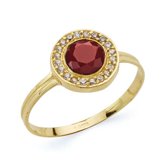 18K SORTIJA ORO AMARILLO REDONDO CON CIRCONITAS Y PIEDRA ROJA. MEDIDA: 9 MM