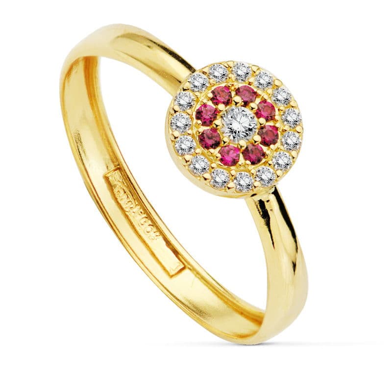 18K SORTIJA ORO AMARILLO CON CIRCONITAS BLANCAS Y ROJAS. ANCHO: 7 MM