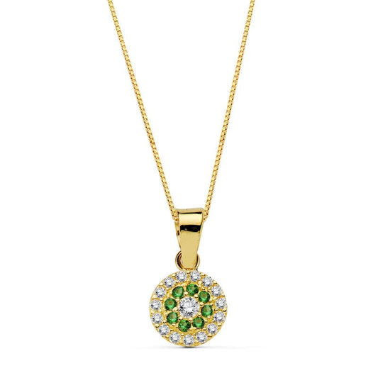 18K GARGANTILLA COLLAR ORO AMARILLO REDONDO PIEDRA VERDE 7 MM CADENA 45CM