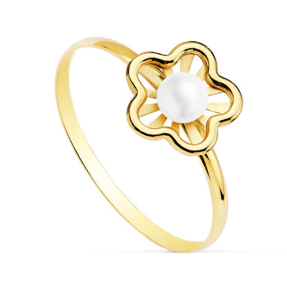 18K SORTIJA ORO AMARILLO FLOR CALADA PERLA 3 MM