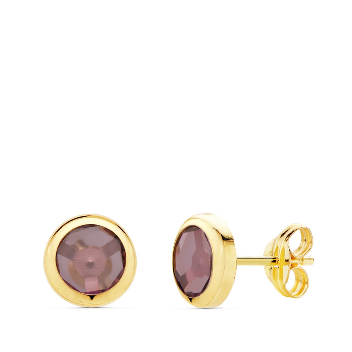 18K PENDIENTES ORO AMARILLO CHATON PIEDRA AMATISTA 6.5 MM CIERRE PRESION