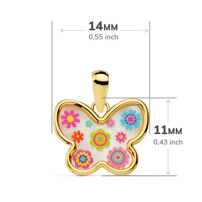 18K COLGANTE ORO AMARILLO MARIPOSA NACAR COLORES. 14X11 MM