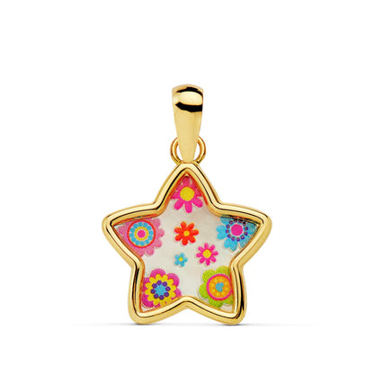 18K COLGANTE ORO AMARILLO AMULETO ESTRELLA NACAR COLORES. 13X13 MM
