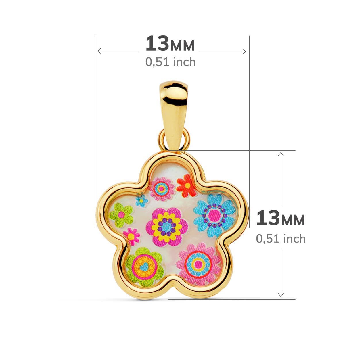 18K COLGANTE ORO AMARILLO AMULETO FLOR NACAR COLORES. 13X13 MM