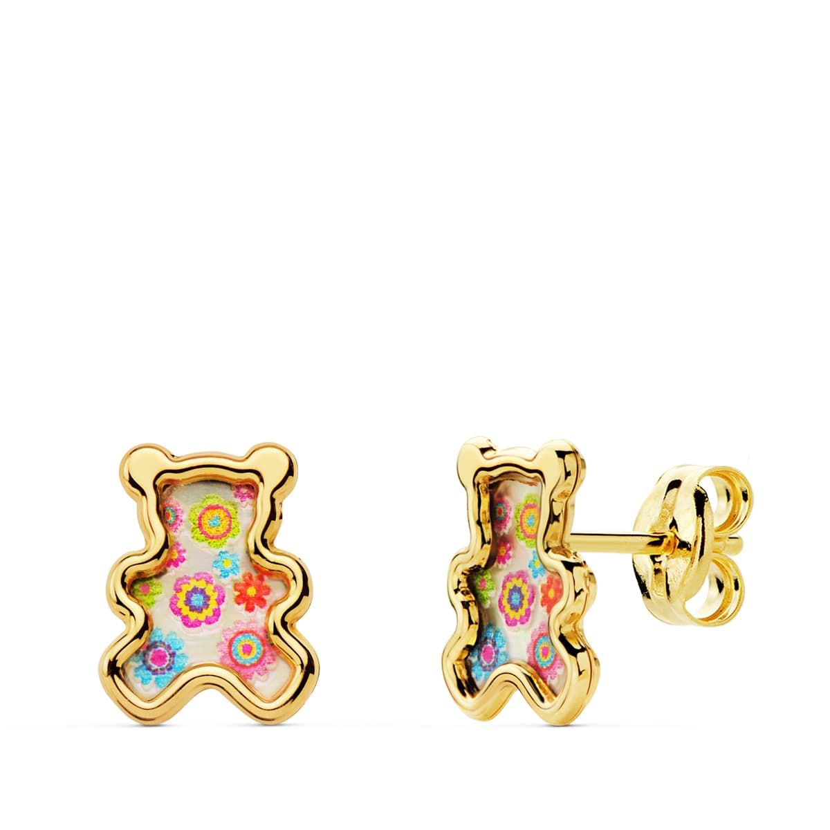 18K PENDIENTES ORO AMARILLO OSO NACAR COLORES. 8X6.5 MM CIERRE PRESION