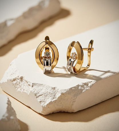 18K PENDIENTES ORO BICOLOR BANDAS Y CIRCONITA 14X10 MM CIERRE CATALÁN