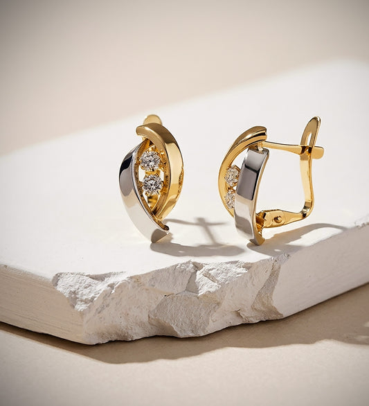 18K PENDIENTES ORO BICOLOR BANDAS Y CIRCONITA 14X8 MM CIERRE CATALÁN