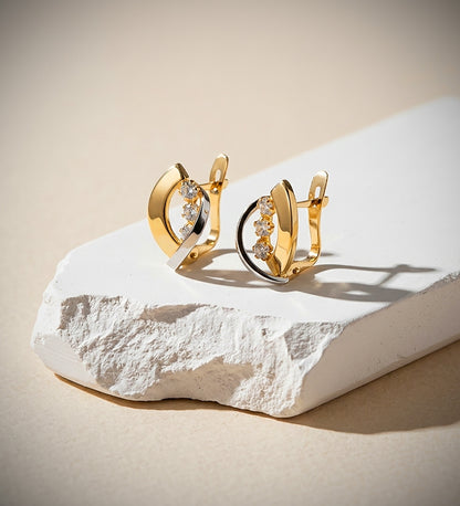 18K PENDIENTES ORO BICOLOR BANDAS Y CIRCONITA 14X9 MM CIERRE CATALÁN