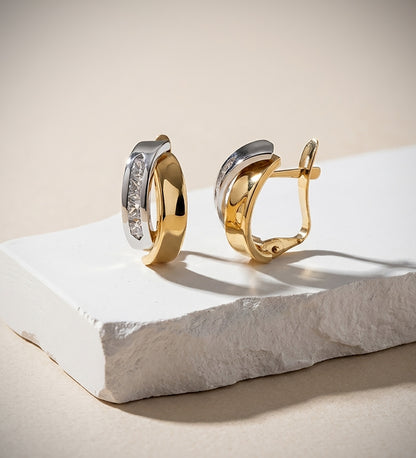 18K PENDIENTES ORO BICOLOR BANDAS Y CIRCONITA 15X8 MM CIERRE CATALAN