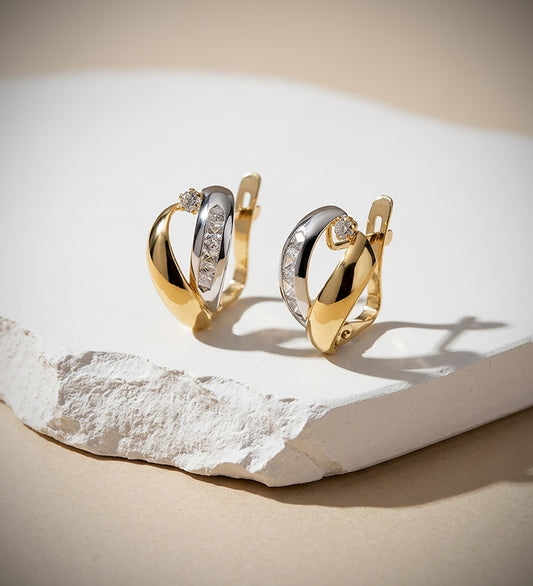 18K PENDIENTES ORO BICOLOR BANDAS Y CIRCONITA 16X9 MM CIERRE CATALAN