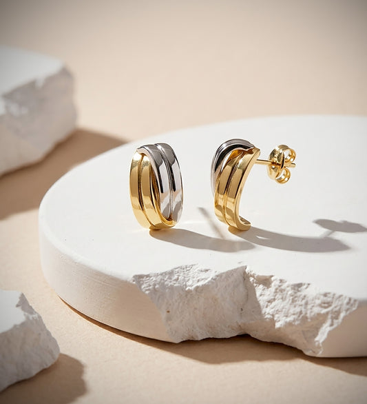 18K PENDIENTES ORO BICOLOR BANDAS LISAS. 13X7 MM CIERRE DE PRESION.