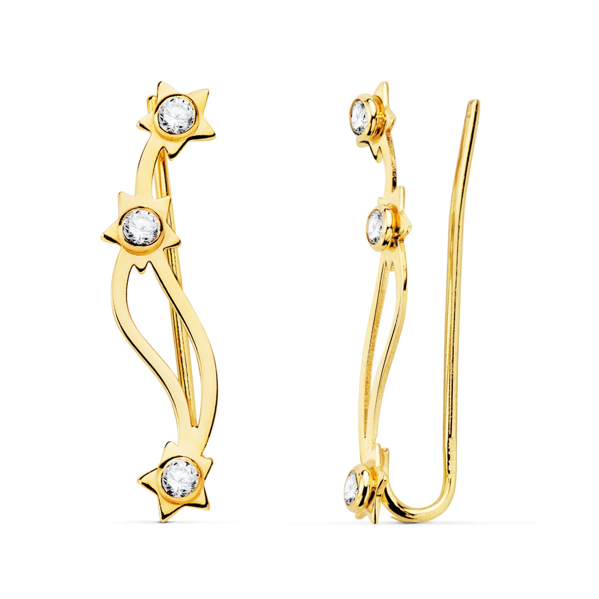 18K PENDIENTES ORO AMARILLO TREPADORES CIRCONITAS-ESTRELLAS CIERRE PRESION