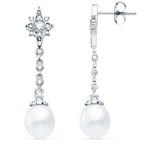18K PENDIENTES LARGOS ORO BLANCO PERLA Y CIRCONITA 37X7 MM CIERRE PRESION