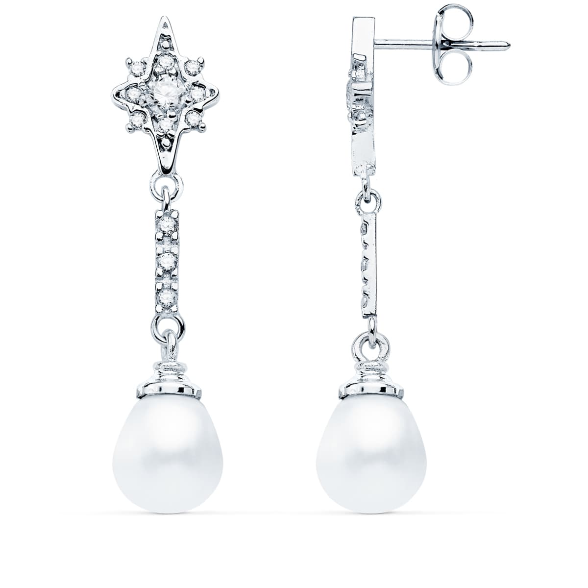 18K PENDIENTES LARGOS ORO BLANCO PERLA Y CIRCONITA 36X8 MM CIERRE PRESION