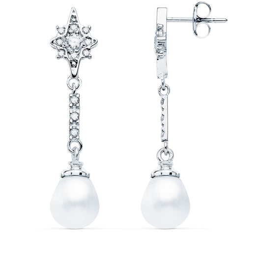 18K PENDIENTES LARGOS ORO BLANCO PERLA Y CIRCONITA 36X8 MM CIERRE PRESION