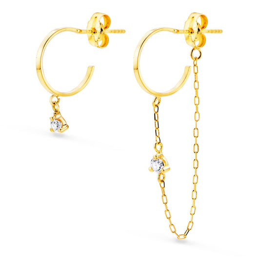 18K PENDIENTES AROS CON CADENA Y CHATON AROS ABIERTOS 11 MM CADENA 32 MM