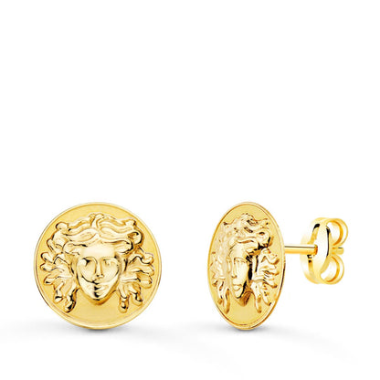 18K PENDIENTES ORO AMARILLO REDONDOS CON MEDUSA 12 MM BRILLO Y MATE PRESION