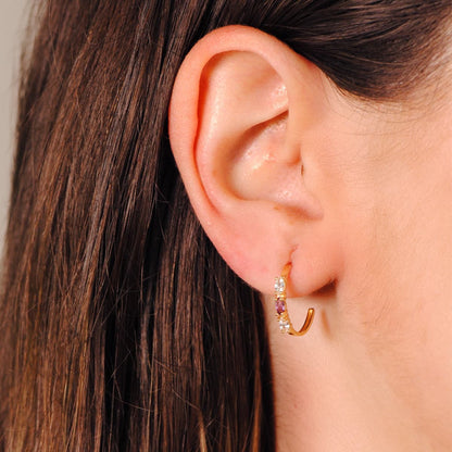 18K PENDIENTES ORO AMARILLO MEDIO ARO AMATISTA TALLA MARQUISE. 15X2 MM PRESION