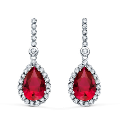 18K PENDIENTES ORO BLANCO DOS CUERPOS CON PIEDRA ROJA 12 X 8MM. 33X12MM CIERRE PRESION