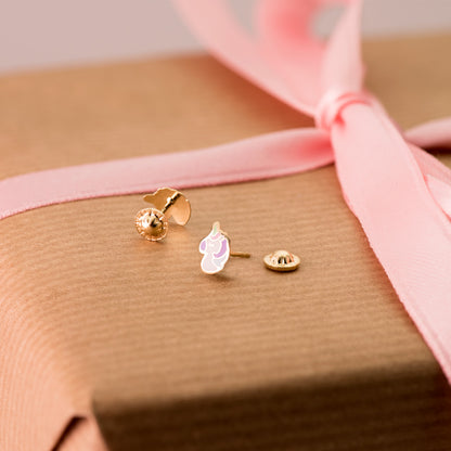 18K PENDIENTES ORO AMARILLO UNICORNIOS ESMALTE CIERRE TUERCA 7,5 X 5 MM