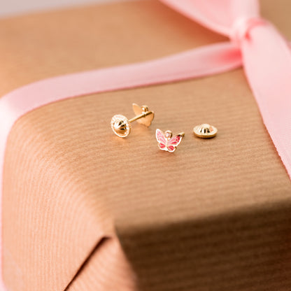 18K PENDIENTES ORO AMARILLO MARIPOSAS ESMALTE CIRCONITA TUERCA 6 X 4 MM