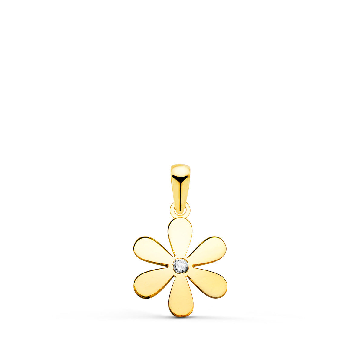 18K COLGANTE AMULETO ORO AMARILLO FLOR 6 PETALOS EN BRILLO CON CIRCONITA 14X11 MM