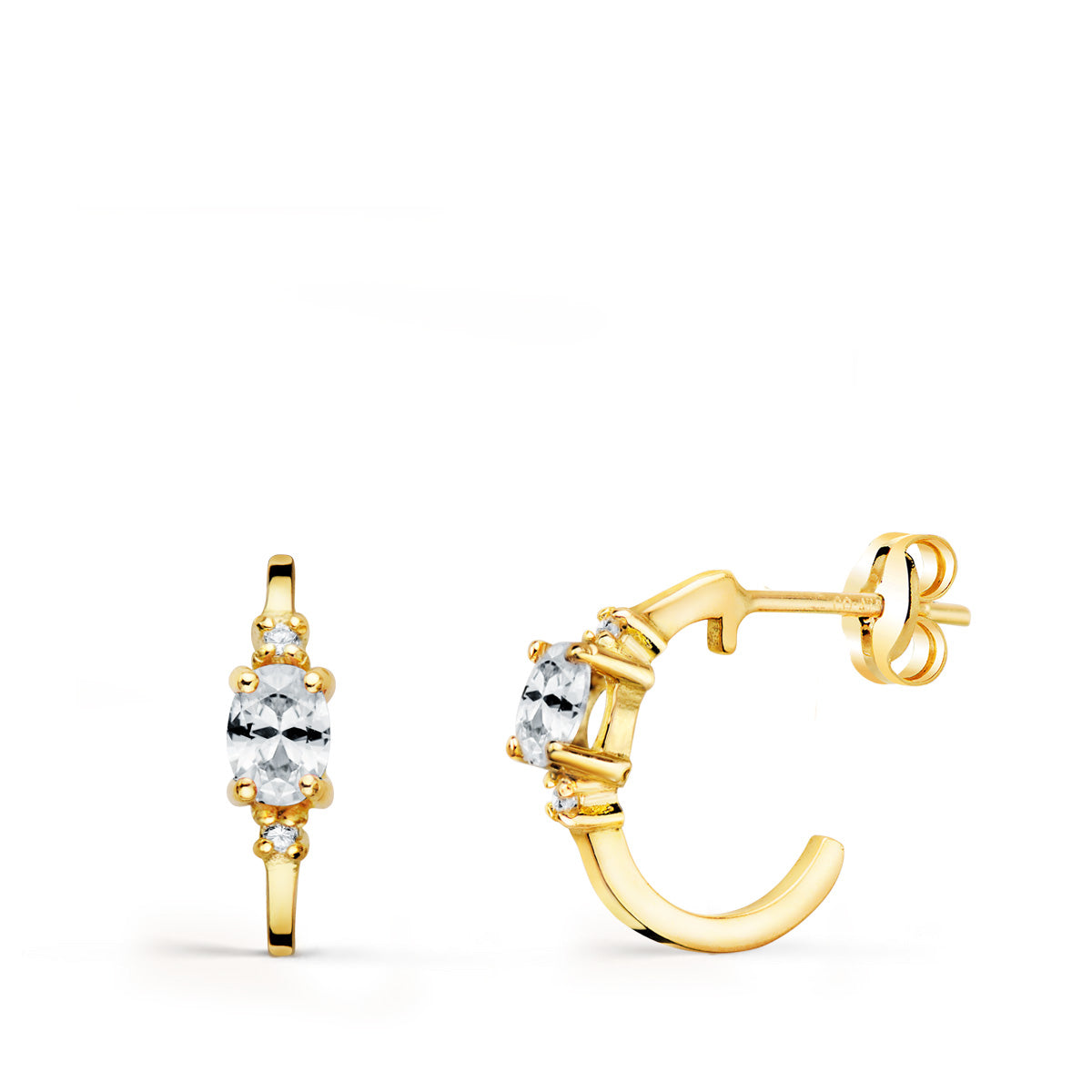 18K PENDIENTES ORO AMARILLO MEDIO ARO LISO CON CIRCONITA 12X3 MM CIERRE PRESION.