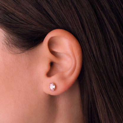 18K PENDIENTES ORO AMARILLO OVAL PIEDRA ROSA 7 X 5 MM. CIERRE PRESION