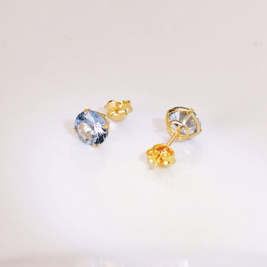 18K PENDIENTES ORO AMARILLO REDONDOS PIEDRA AZUL 6 MM. CIERRE PRESION