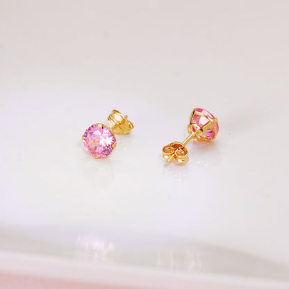 18K PENDIENTES ORO AMARILLO REDONDOS PIEDRA ROSA 6 MM. CIERRE PRESION