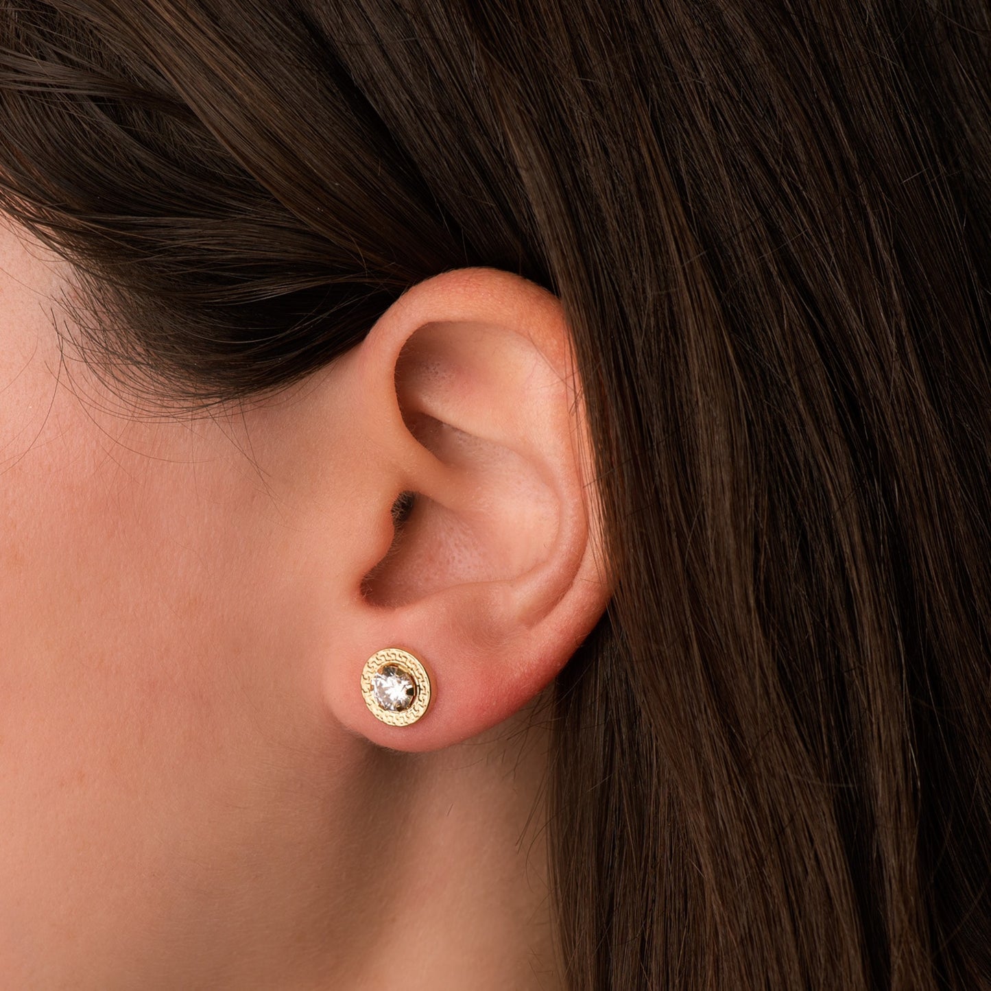 18K PENDIENTES ORO AMARILLO CERCO GRECA Y CIRCONITA GARRAS 5MM. 9 MM CIERRE PRESION