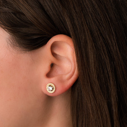 18K PENDIENTES ORO AMARILLO CERCO GRECA Y CIRCONITA GARRAS 5MM. 9 MM CIERRE PRESION