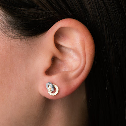18K PENDIENTES ORO BICOLOR DOBLE ARO LISO Y GRECA 10 X 7 MM. CIERRE PRESION