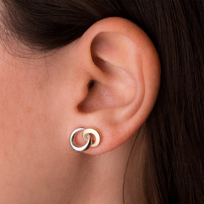 18K PENDIENTES ORO BICOLOR DOBLE ARO BRILLO 13 X 10 MM. CIERRE PRESION